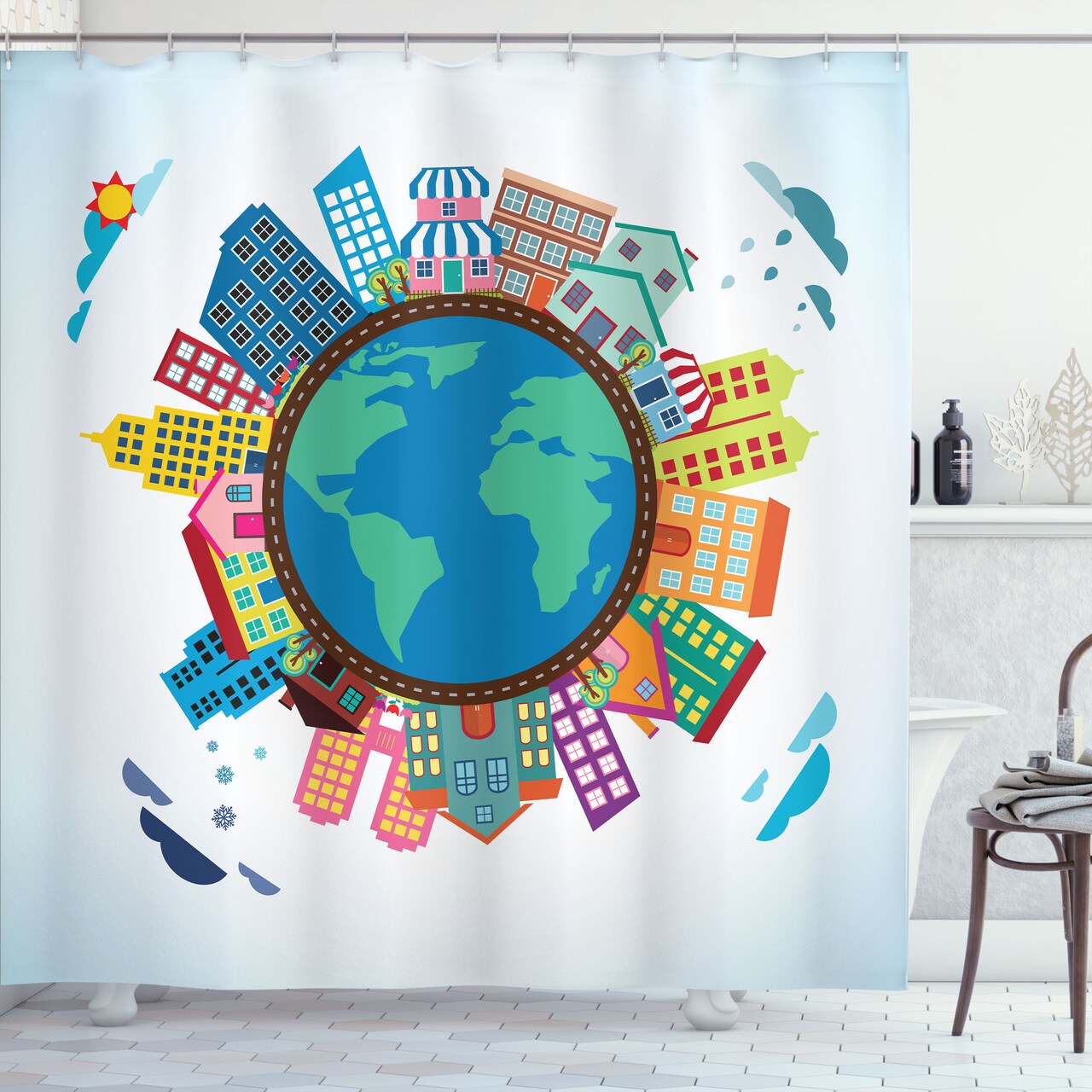 Ambesonne World Map Shower Curtain, Cartoon Illustration of Abstract Buildings Around The Globe Clouds, Cloth Fabric Bathroom Decor Set with Hooks, 69" W x 70" L, Multicolor